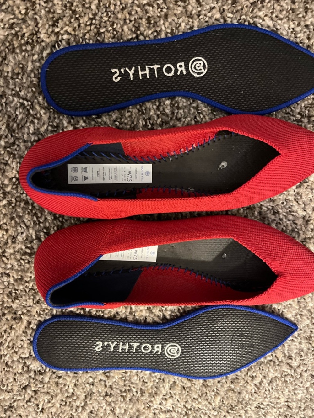 Rothy's Red Pointed Knit Ballet Flats with Blue Trim 7.5 - Picture 2 of 5